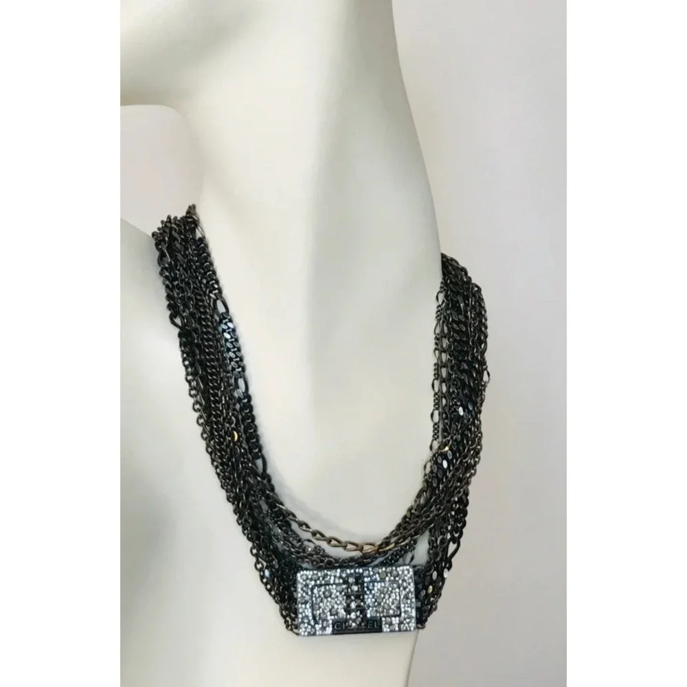 Chanel Multi Strand Gunmetal-Silver Crystal Reissue Lock Necklace